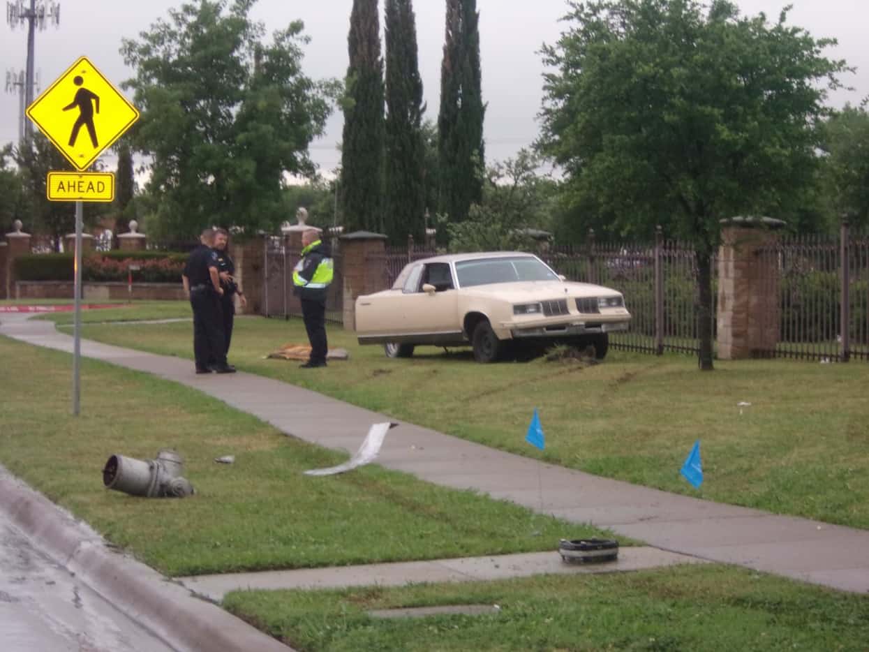 The theft suspect's car spun out and crashed into a fire hydrant after going through a puddle.