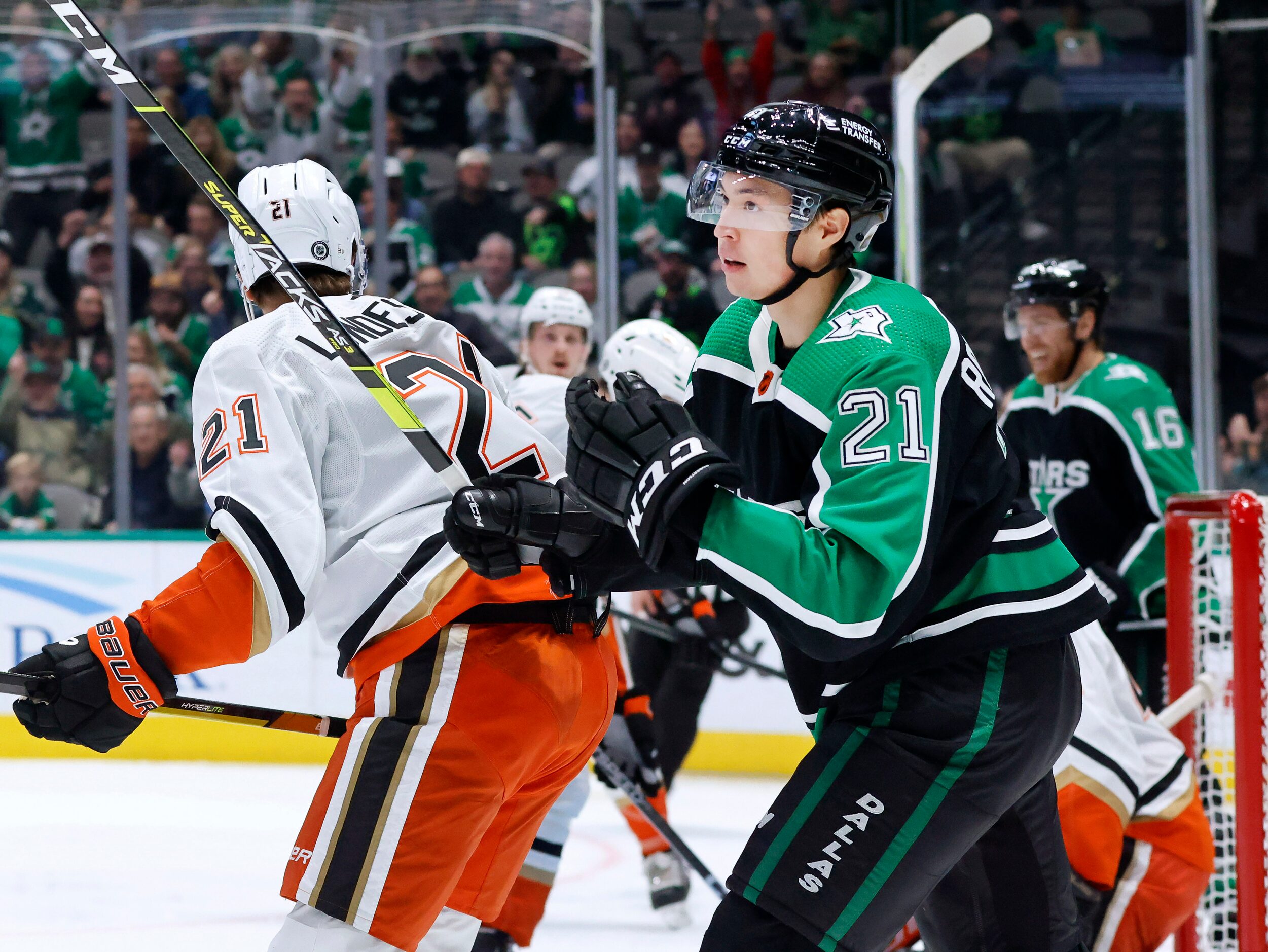 Dallas Stars left wing Jason Robertson (21) reacts after his first period goal against the...