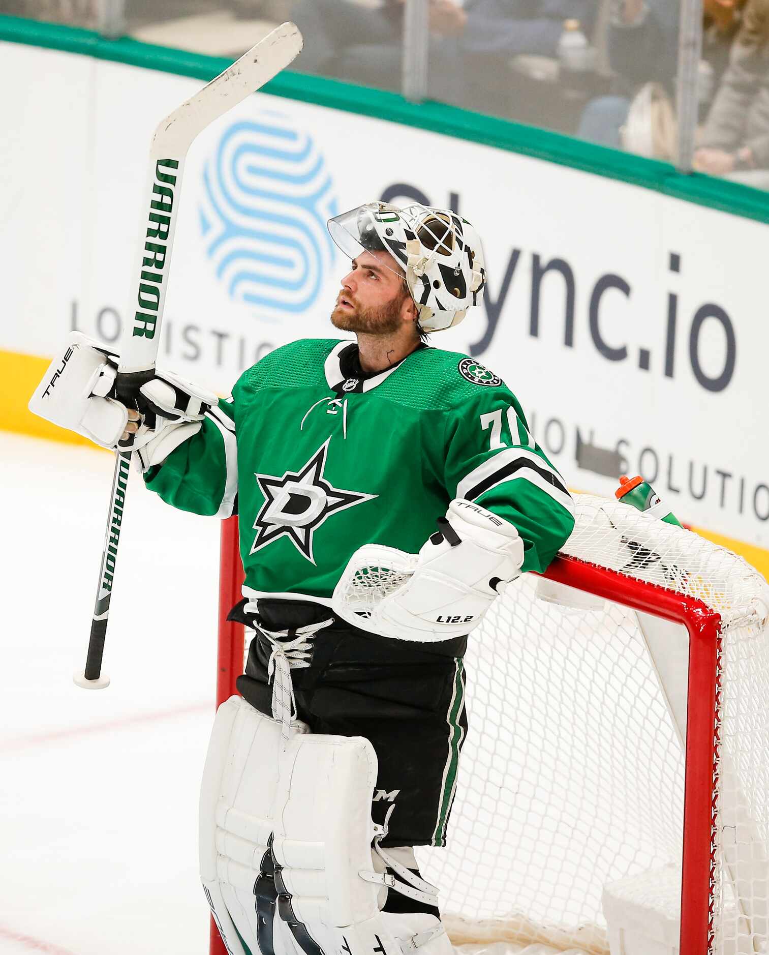 Dallas Stars goaltender Braden Holtby (70) acknowledges fans after it was announced that he...