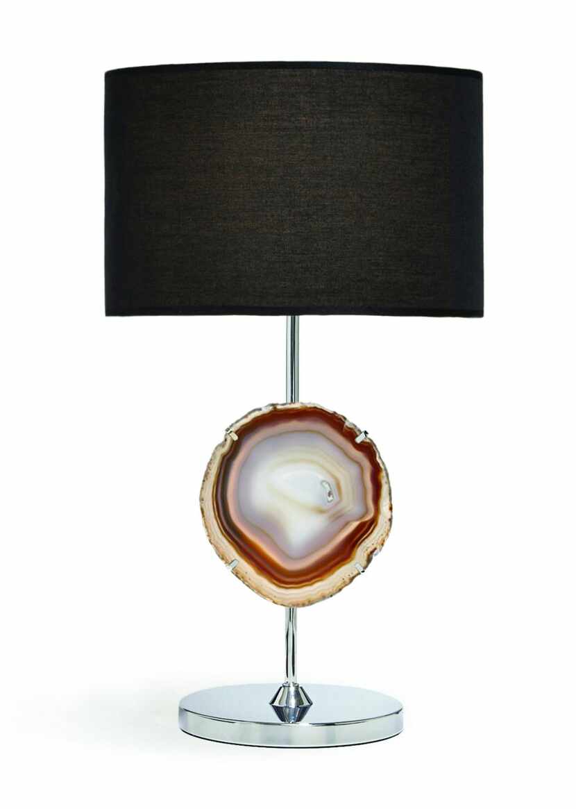 
Hand-polished agate is suspended in the center of this lamp with chrome shaft and black...