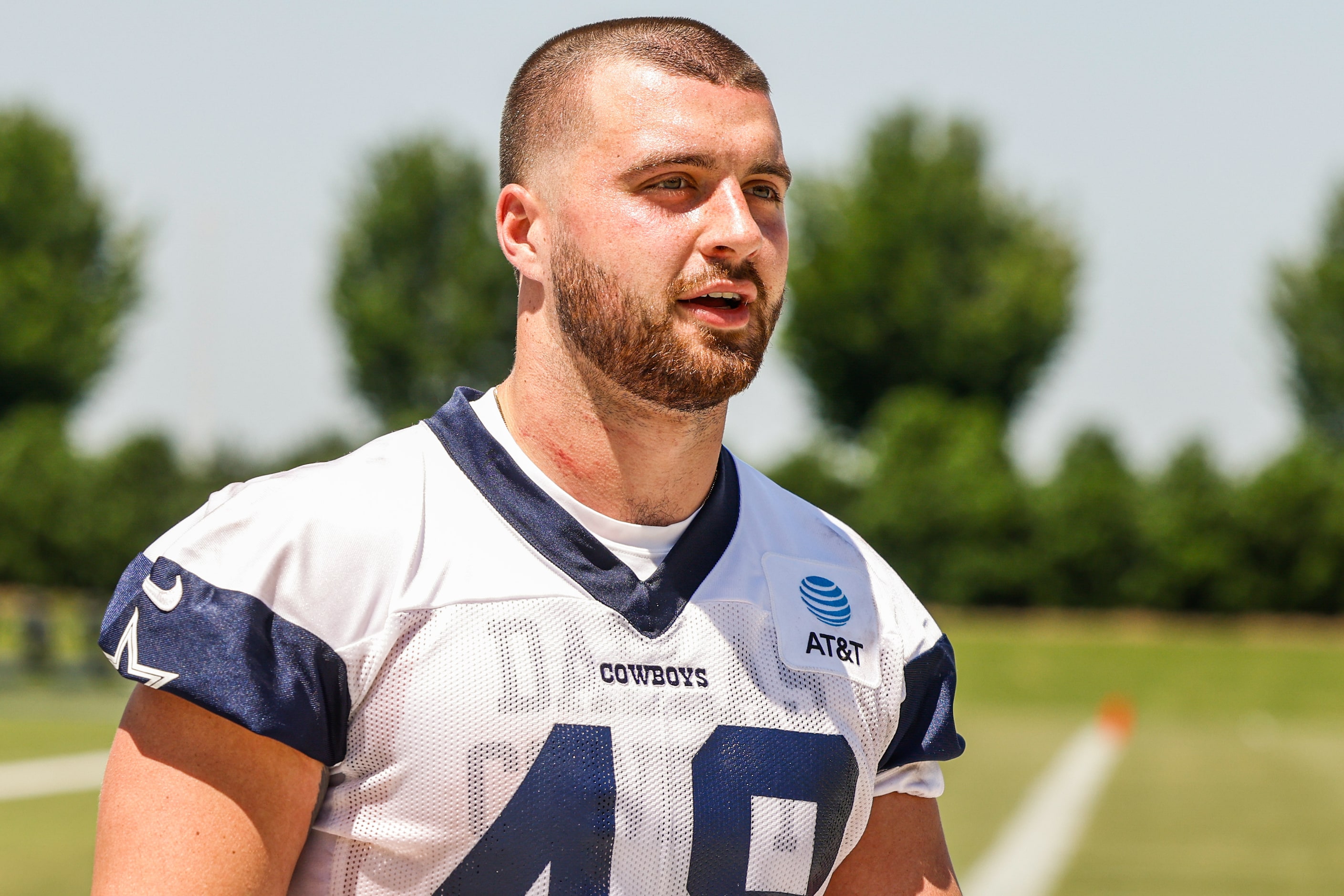 Dallas Cowboys tight end (48) Jake Ferguson as he leaves the field after a Cowboys rookie...