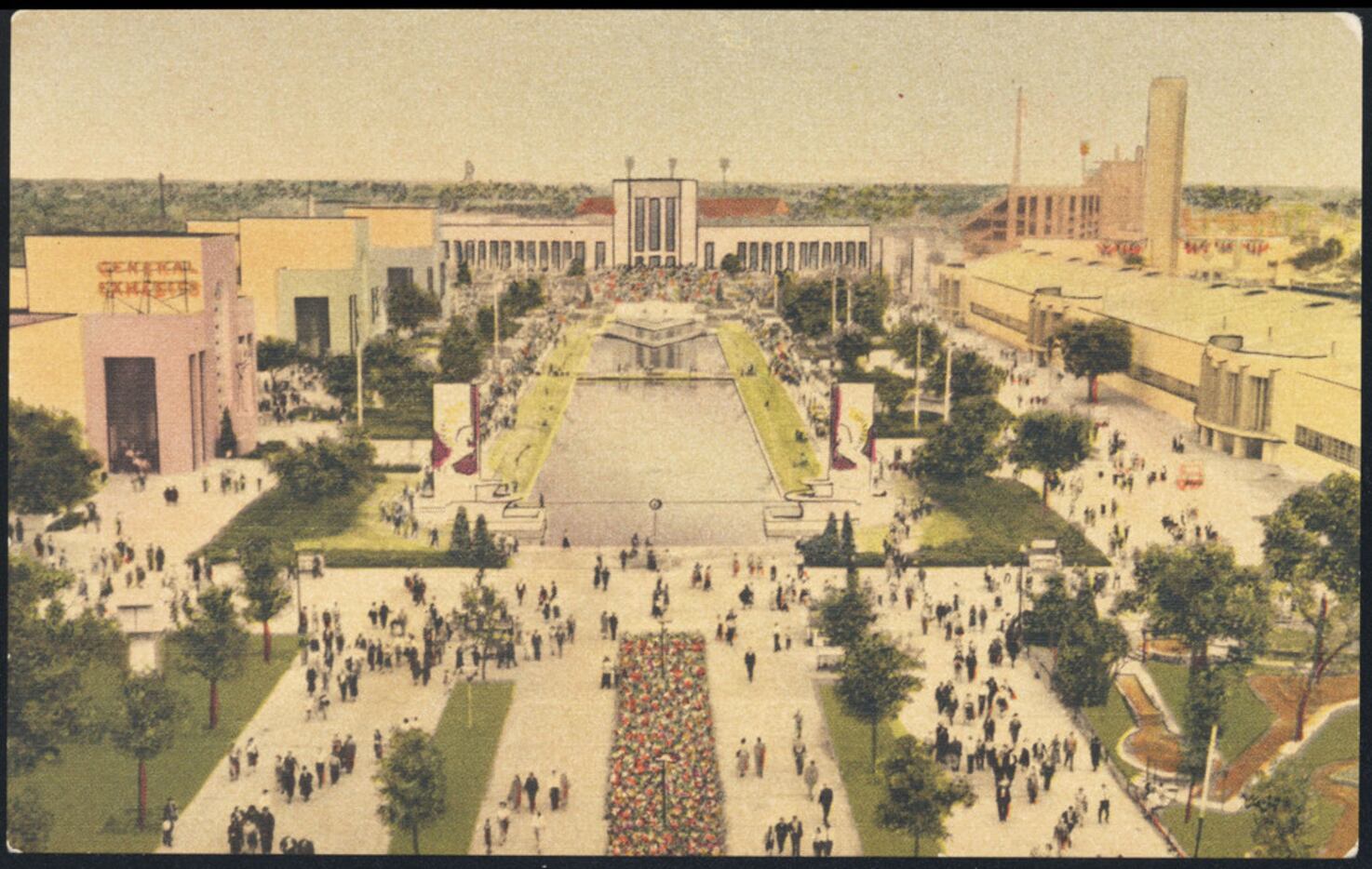 A hand-tinted postcard from the Texas Centennial Exposition, in 1936, including the Hall of...