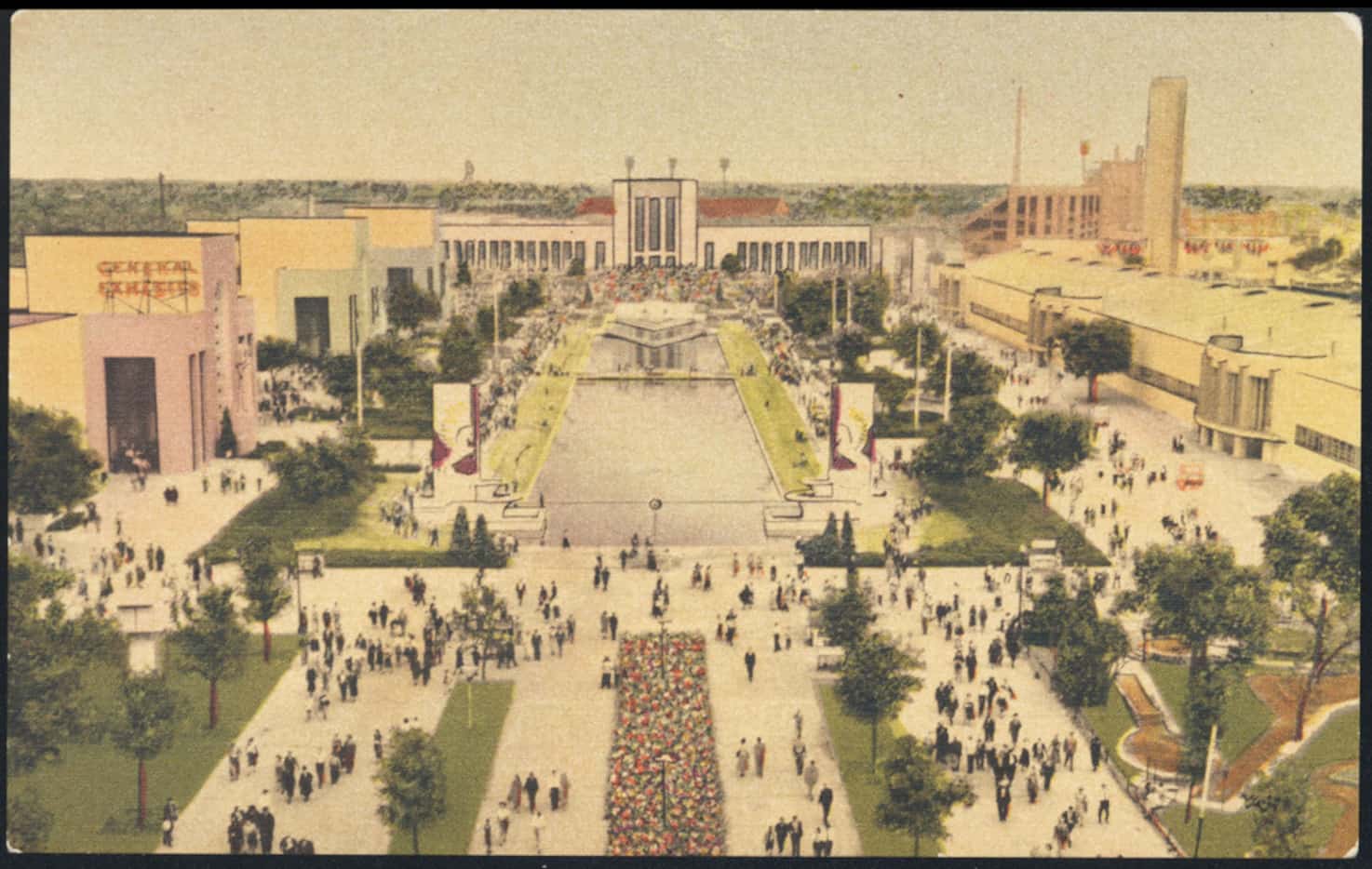 A hand-tinted postcard from the Texas Centennial Exposition, in 1936, including the Hall of...