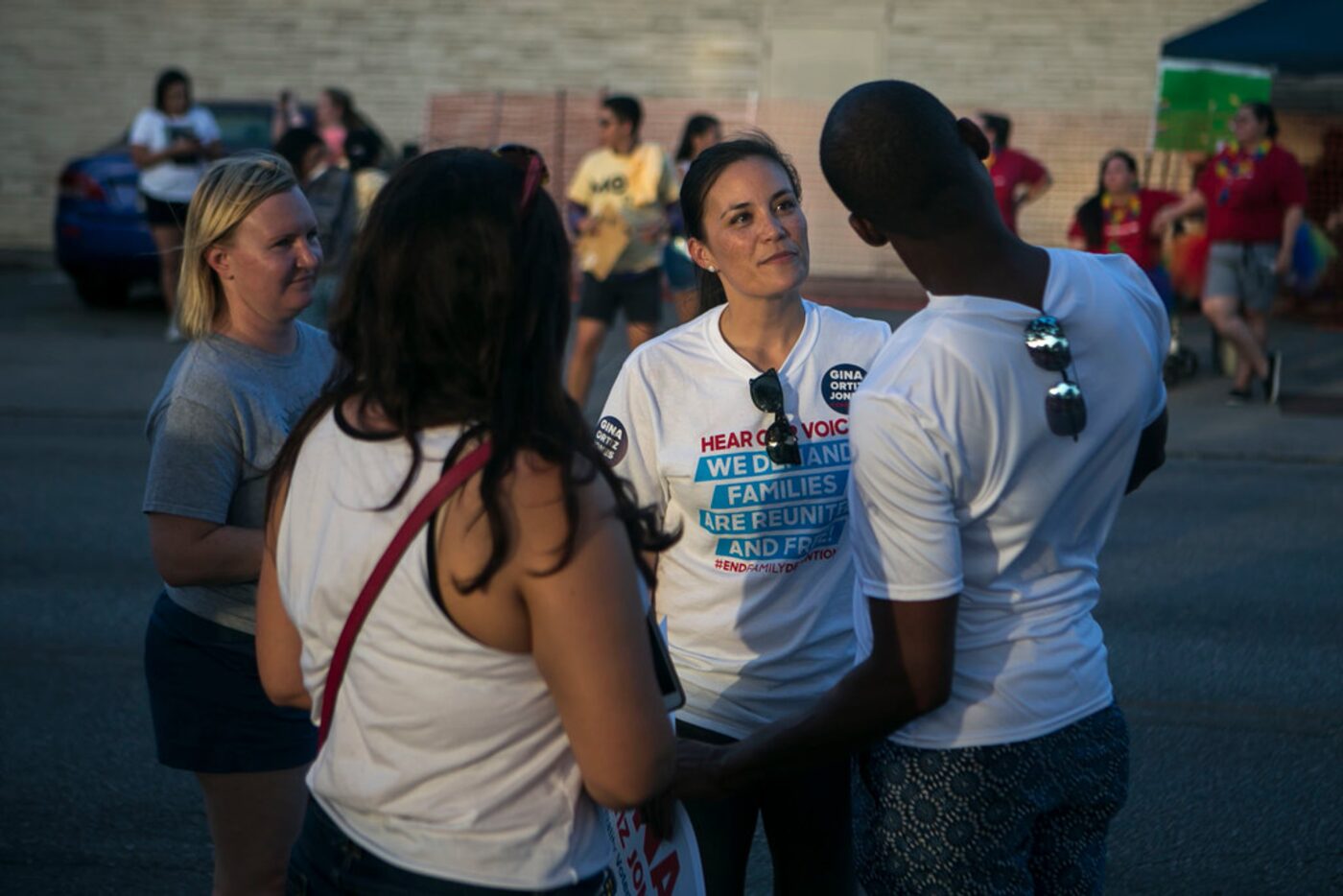 Congressional candidate Gina Ortiz Jones speaks with J.R. Jones before the annual Pride San...