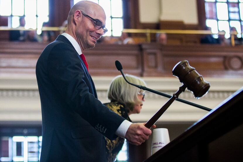 House Speaker Dennis Bonnen bangs the gavel on opening day of the 86th Texas Legislature on...