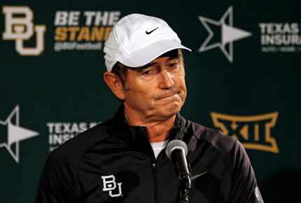 Baylor head coach Art Briles shrugs his shoulders as meets with the media on Sunday,...