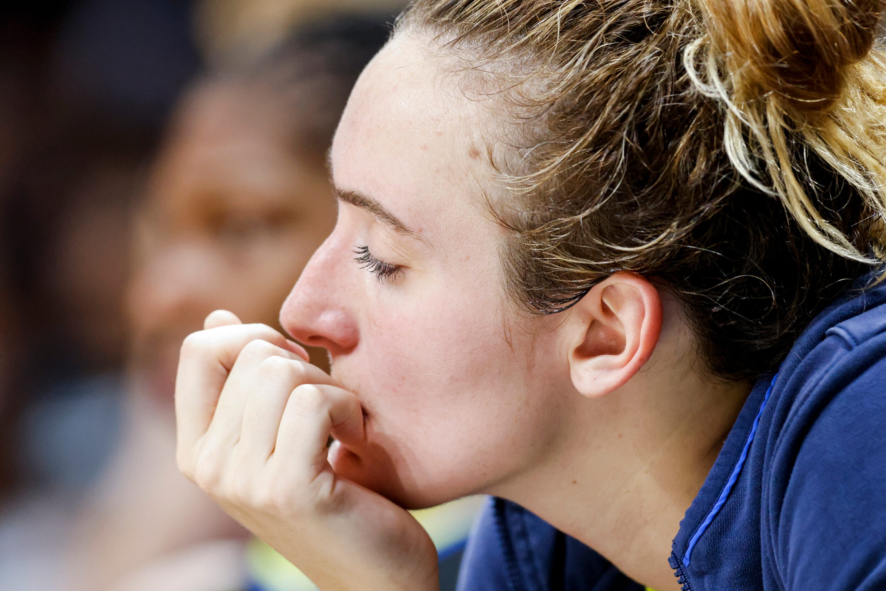 Dallas Wings guard Marina Mabrey sits on the bench during the last three minutes of the...