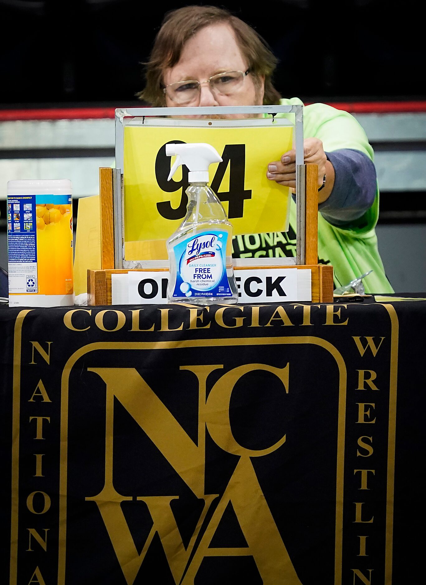 A bottle of disinfectant is seen on a scorers table during the NCWA national championships...