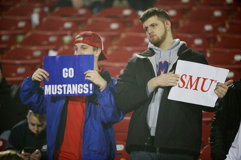 Southern Methodist Mustangs fans remain in the stands in the second half during the NCAA...
