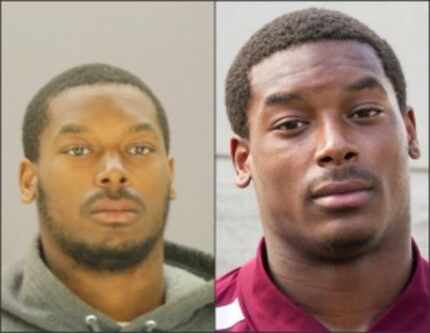  Thomas Johnson in jail (left) and in Aggie apparel (right).