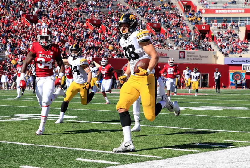 BLOOMINGTON, IN - OCTOBER 13:  T.J. Hockenson #38 of the Iowa Hawkeyes runs for a touchdown ...
