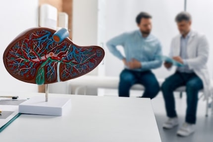 A plastic model of the liver in the foreground, behind which is a seated doctor and patient...