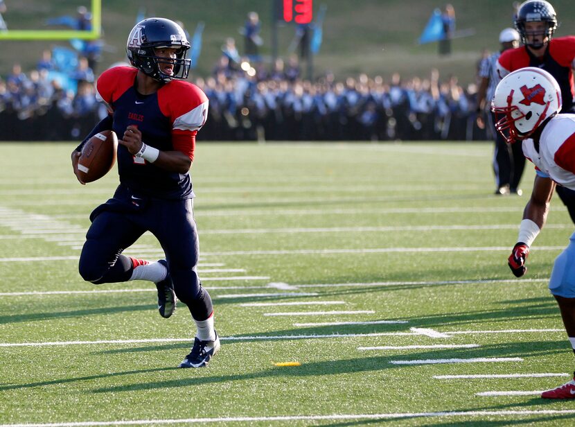 Allen's Kyler Murray (1) runs toward the end zone in a play that resulted in a touchdown in...