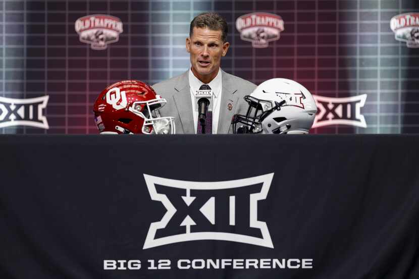 Oklahoma head coach Brent Venables speaks during the Big 12 Media Days at AT&T Stadium,...
