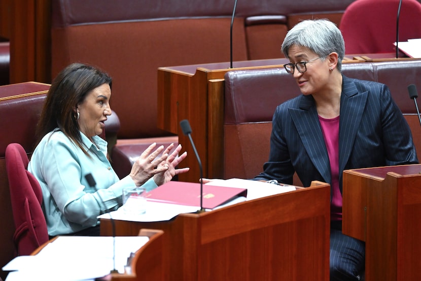 Senator Jacqui Lambie, left, gestures as she speaks to Australian Foreign Minister Penny...