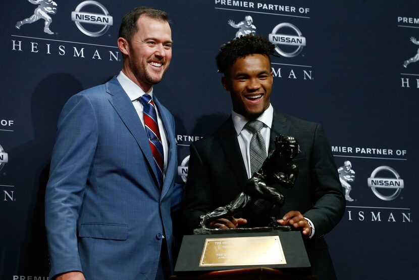 NEW YORK, NY - DECEMBER 08:  Kyler Murray and head coach Lincoln Riley of the Oklahoma...