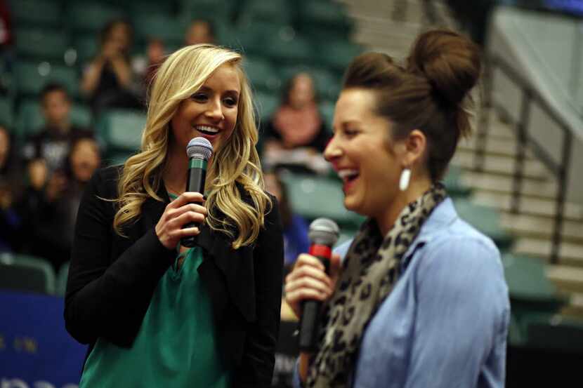 Former Olympic athletes Nastia Liukin (left) and Carly Patterson laugh as they talk during...