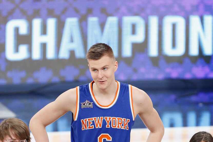 NEW ORLEANS, LA - FEBRUARY 18:  Kristaps Porzingis #6 of the New York Knicks reacts after...