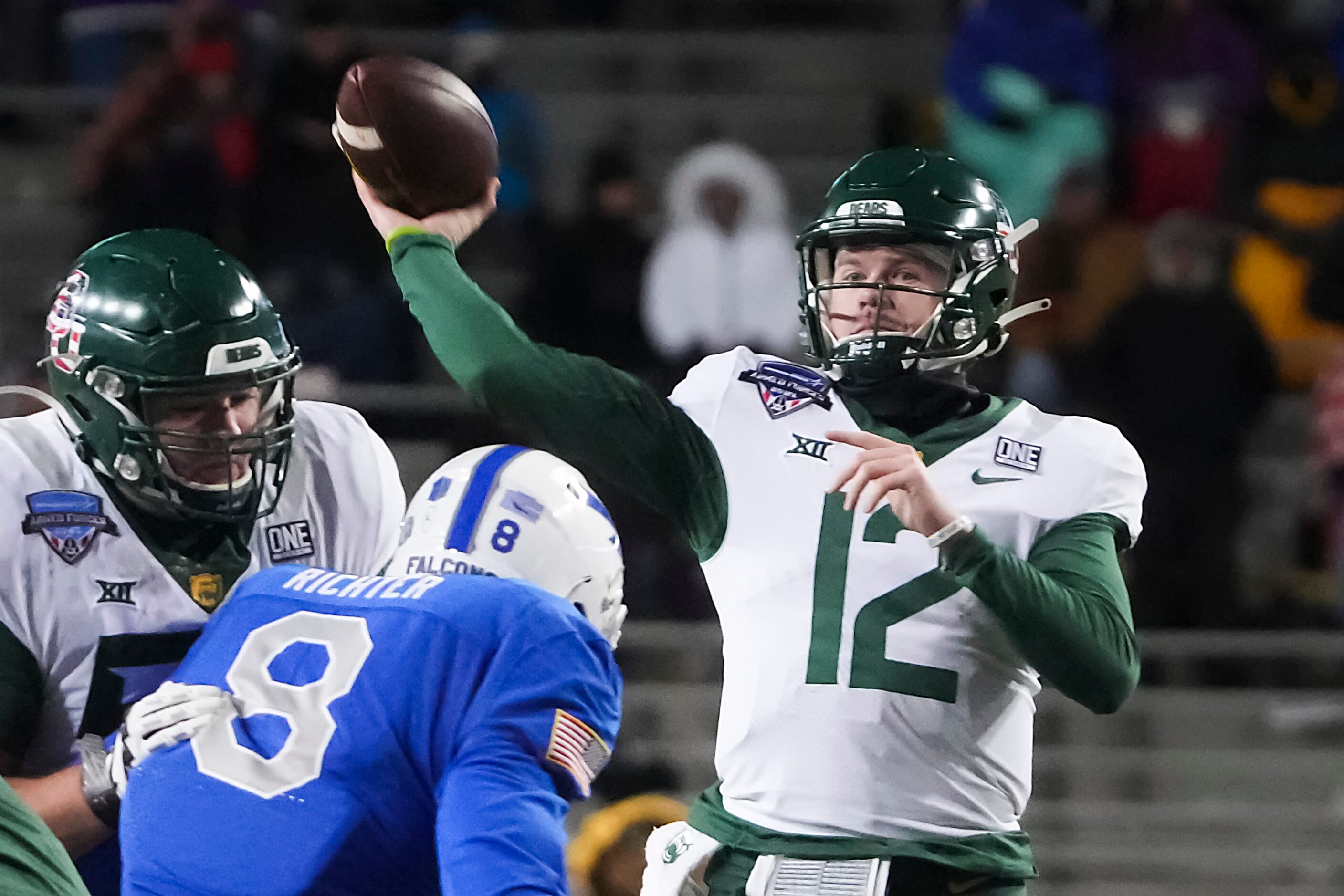 Baylor quarterback Blake Shapen (12) throws a pass during the first half of the Armed Forces...