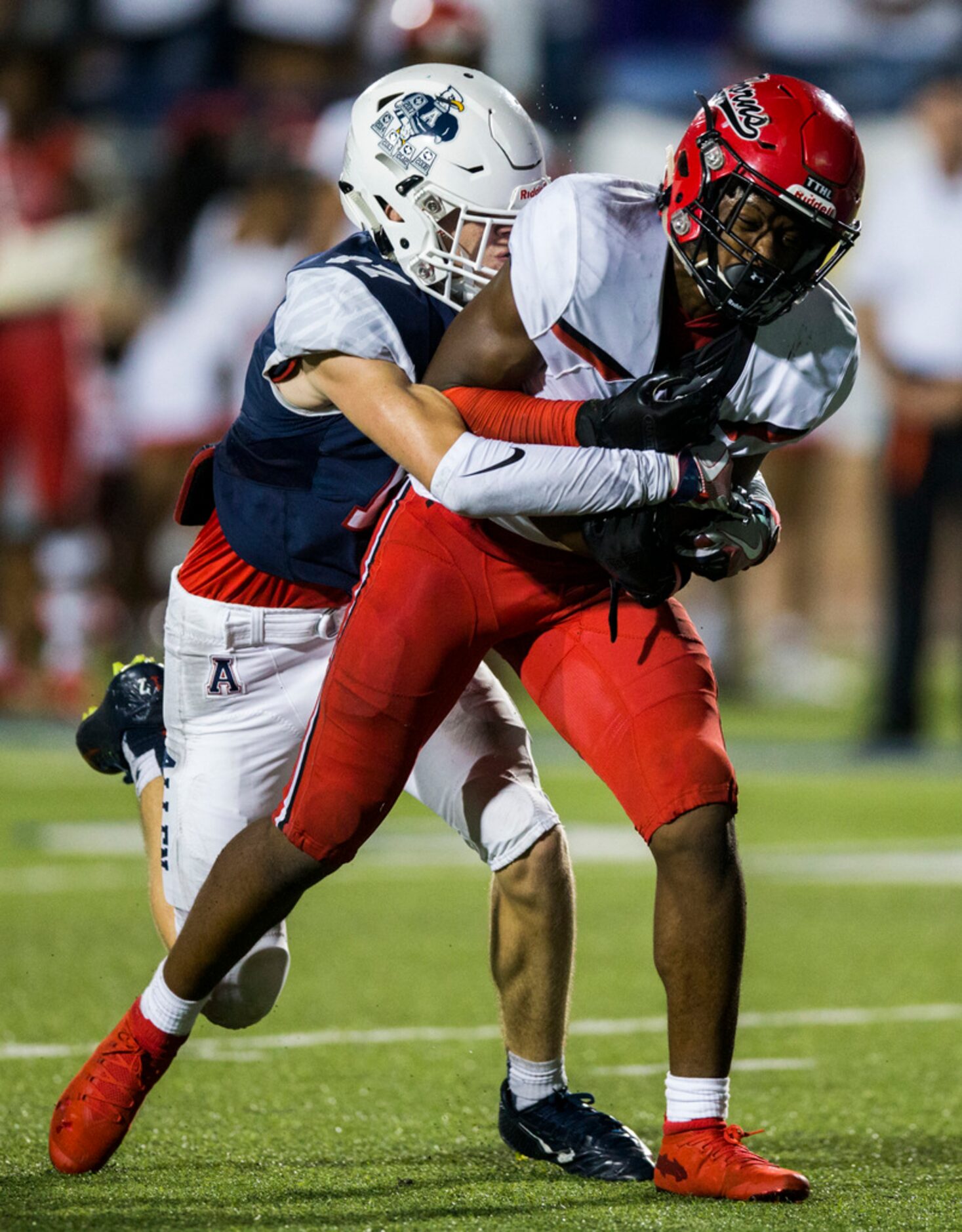 Allen linebacker Jett Waters (17) tackles Cedar Hill running back Corie Allen (10) as Allen...