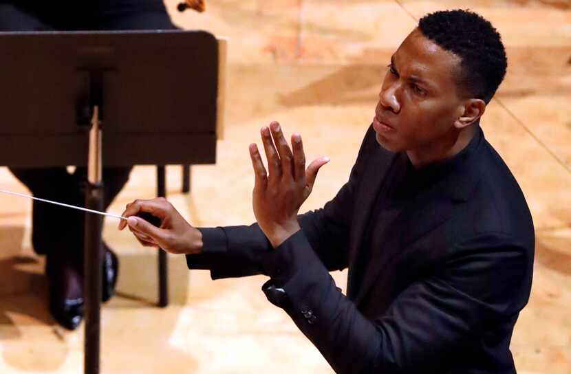 Guest conductor Roderick Cox leads the Dallas Symphony Orchestra at the Meyerson Symphony...