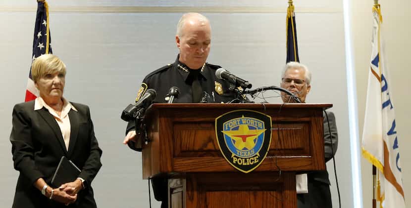 Ft Worth Mayor Betsy Price, left, as to Interim Police Chief Ed Kraus, talks during the Fort...