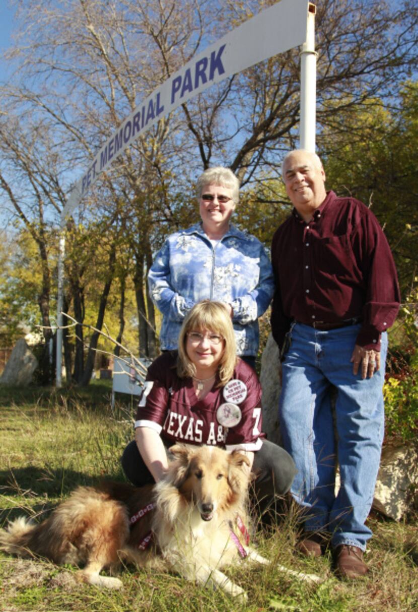 Theresa Brandon (standing), Gil Hernandez and Elizabeth Haley, with her dog Lucy, stand...