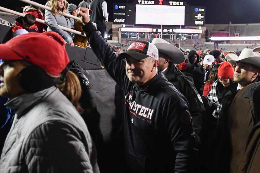 Texas Tech coach Joey McGuire leaves the field after Texas Tech defeated Oklahoma in...
