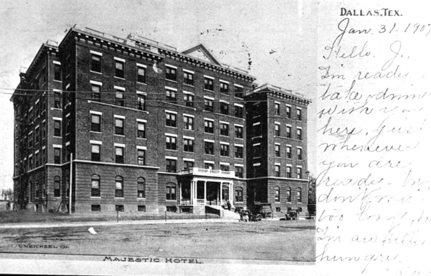 The Majestic Hotel, later known as the Ambassador Hotel, is shown on a postcard with a...