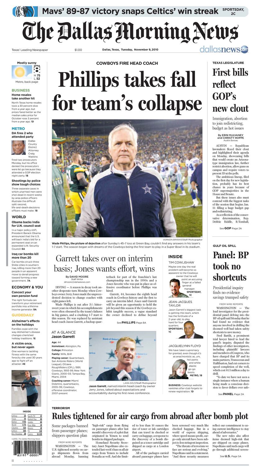 Front page Nov. 9, 2010. Article 'Phillips takes fall for team's collapse'.
