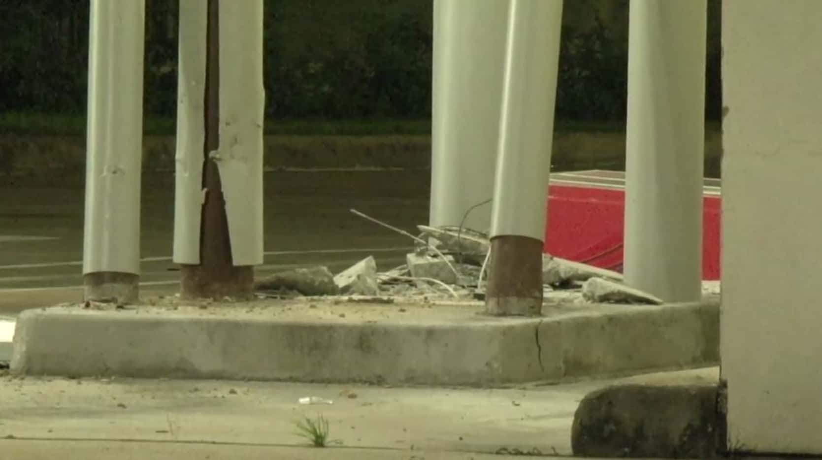 An image of the damage left behind after thieves used a forklift to pull an ATM from its...