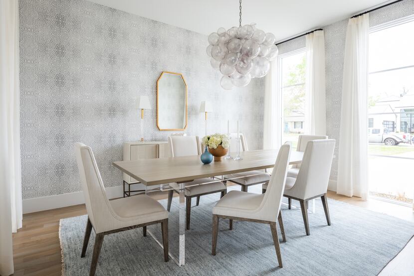 Dining room with whimsical, bubble-like chandelier