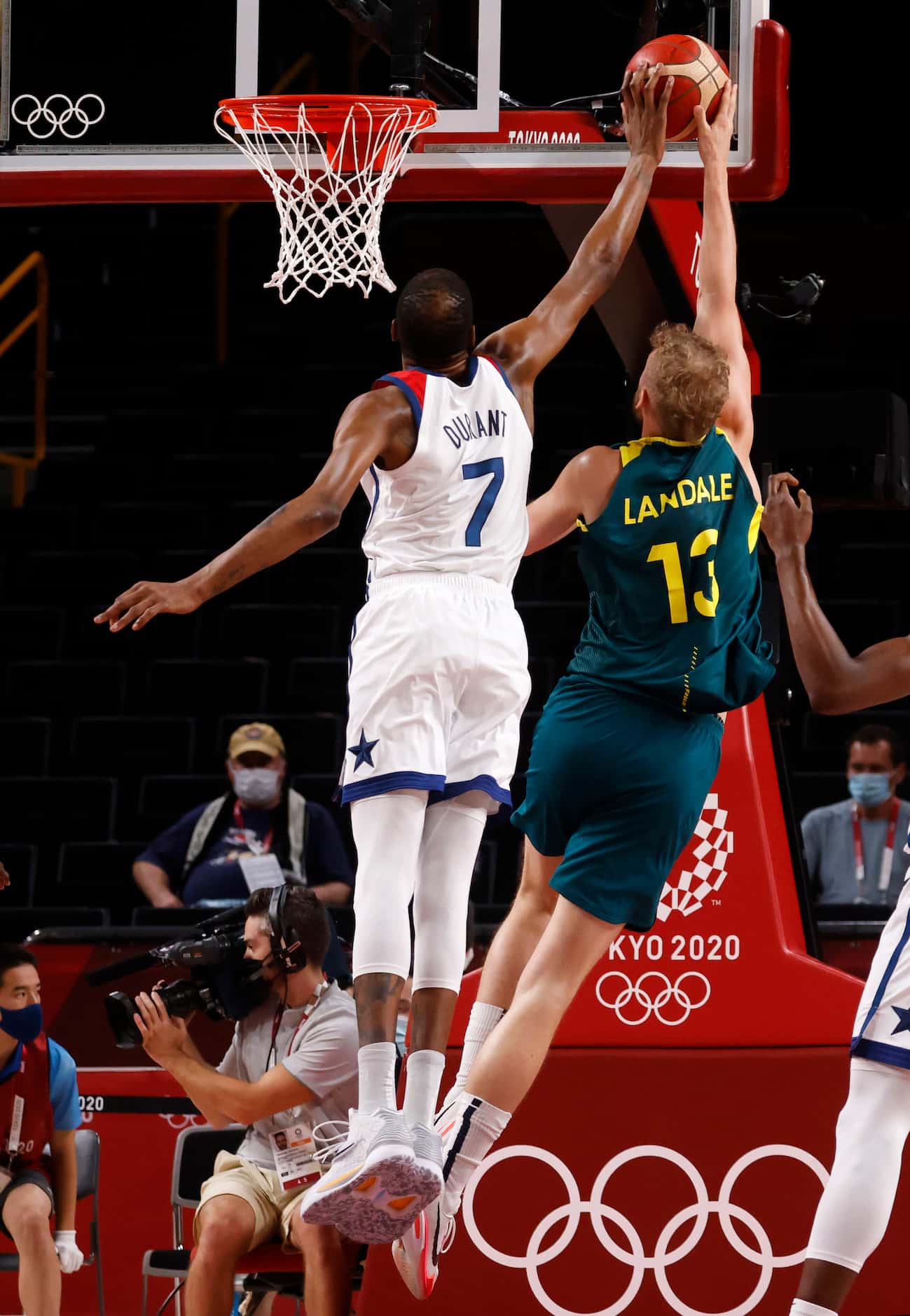USA’s Kevin Durant (7) blocks a shot from 
Australia’s Jock Landale (13) during the first...