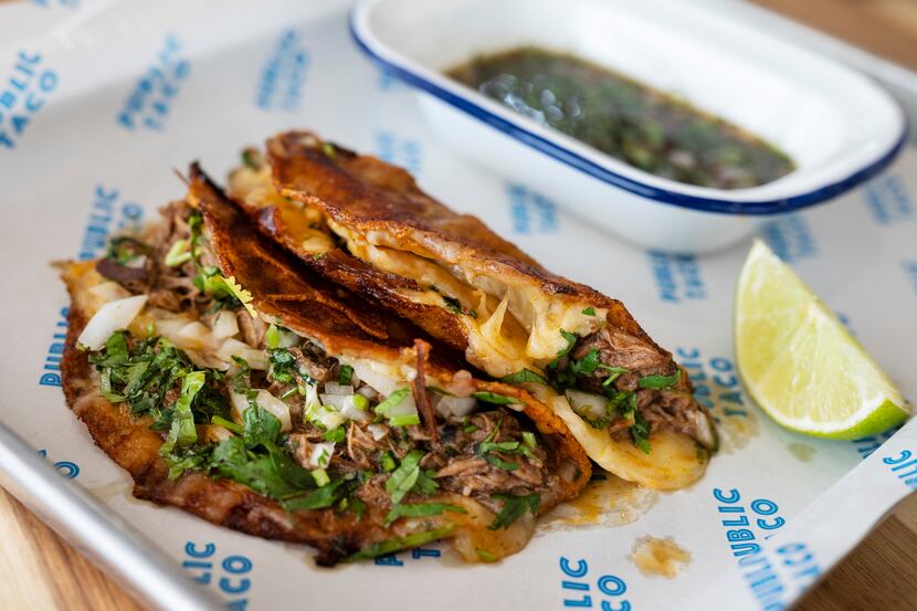 One of Public Taco's more popular items is its crispy birria tacos: grilled crispy tacos...