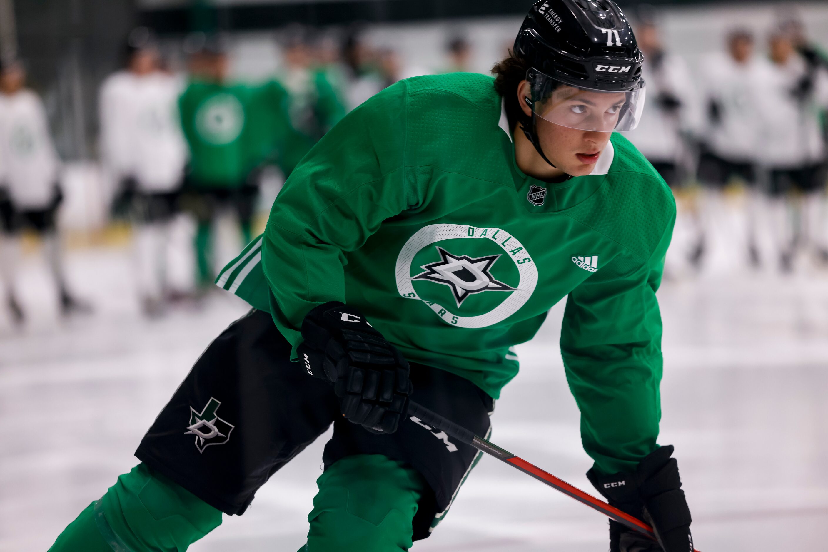 Antonio Stanges (71) participates in a drill during the Stars’ annual development camp Group...