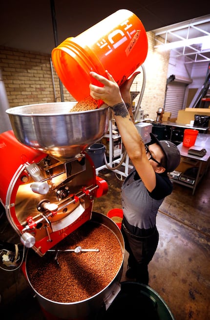Head coffee roaster Aubrey Warden pours 15 pounds of green coffee beans into the roaster at...