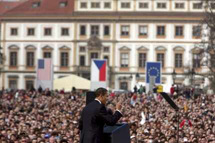 President Barack Obama speaks at Hradcany Square in Prague, where he he pledged in a...