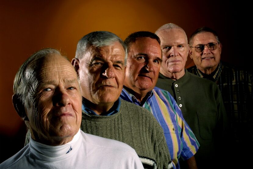 North Dallas 1952 football players (Left to right) : Paul Delfeld, Earl Farley,, David...