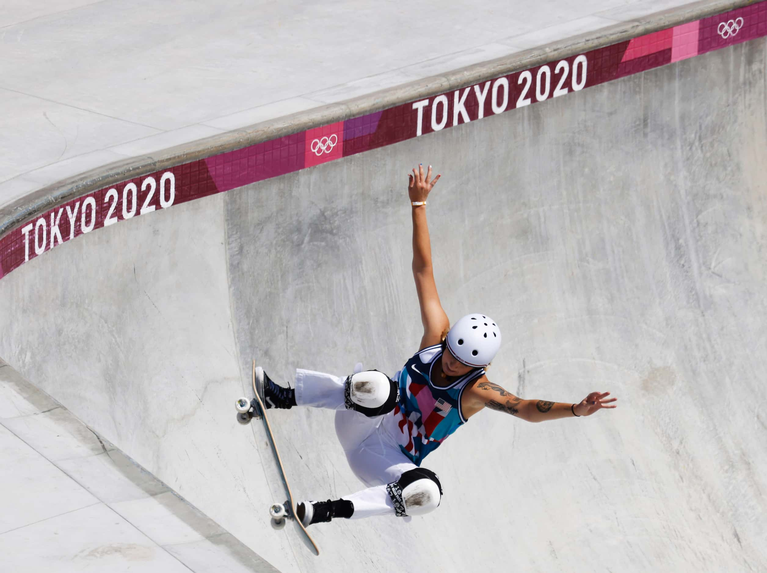 USA’s Jordyn Barratt competes during the women’s skateboarding prelims at the postponed 2020...