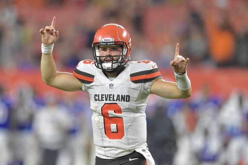 In this Aug. 17, 2018 photo Cleveland Browns quarterback Baker Mayfield celebrates in the...