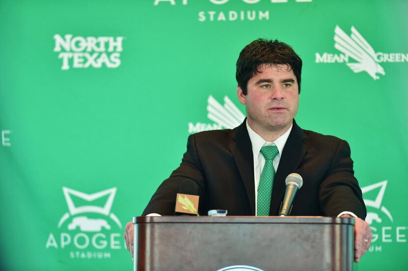 Seth Littrell speaks at a news conference where he was introduced as the new University of...