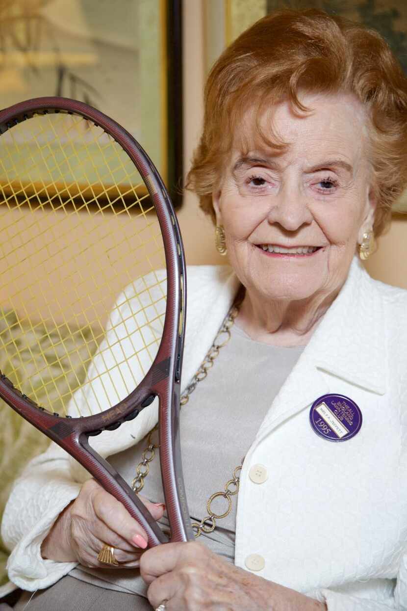 
Nancy Jeffett, wearing her Wimbledon membership pin, was inducted into the International...