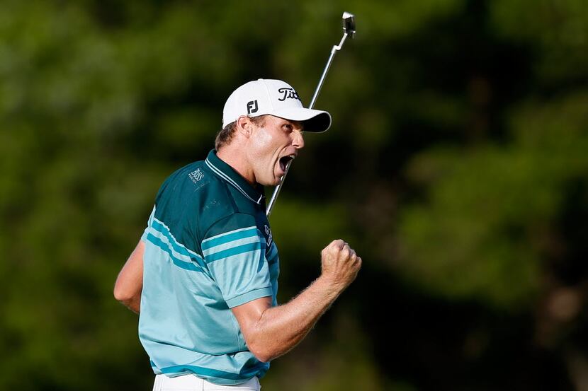FARMINGDALE, NY - AUGUST 26: Nick Watney celebrates after he made a birdie putt on the 18th...