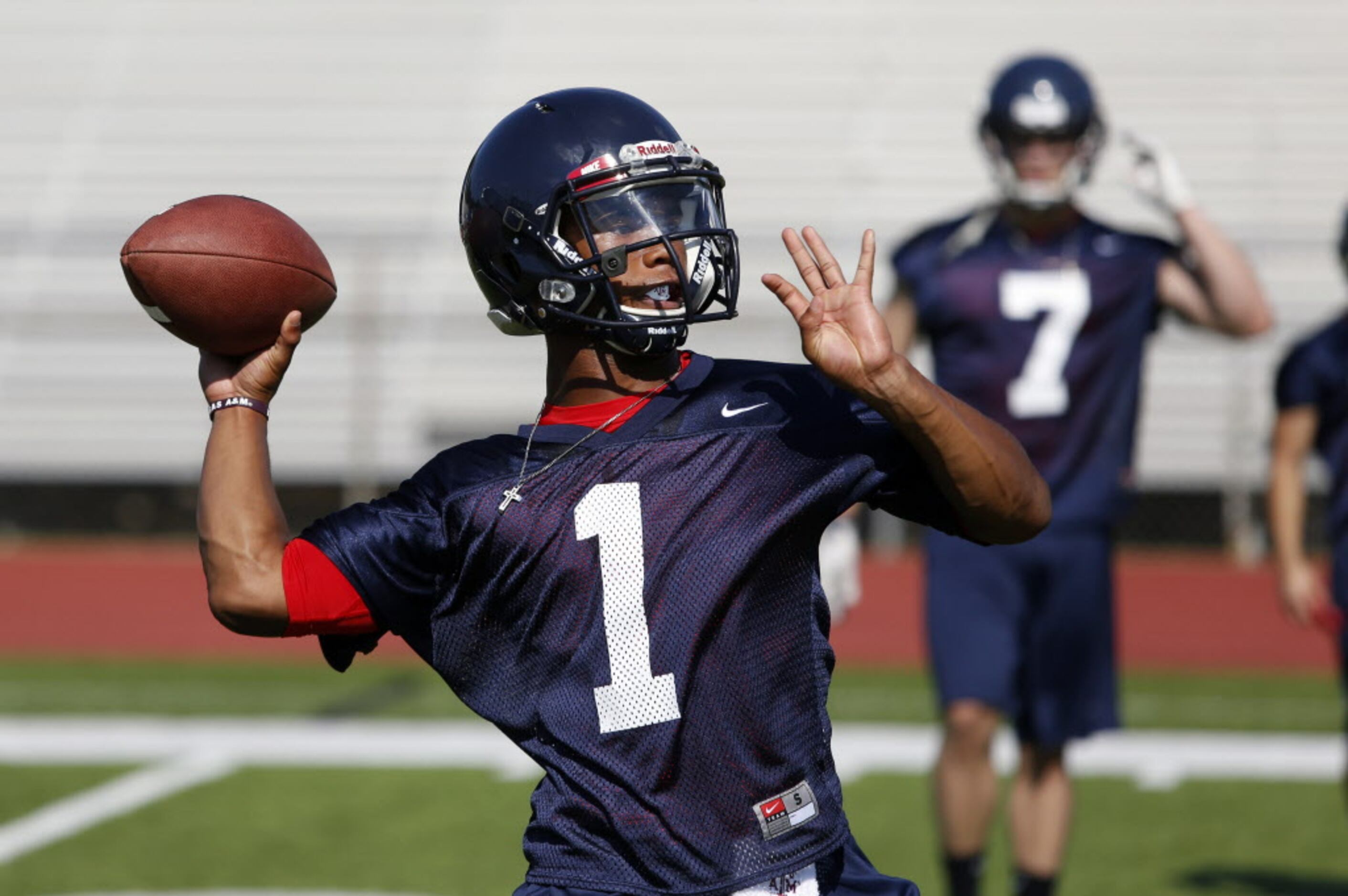 Quarterback Kyler Murray during first day of football practice for defending state champion...