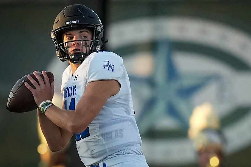 Trophy Club Byron Nelson quarterback Jake Wilson throws a pass during a game on Sept. 15,...