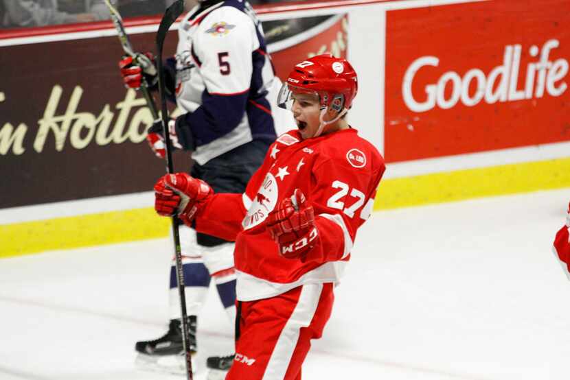 WINDSOR, ON - OCTOBER 05: Forward Barrett Hayton #27 of the Sault Ste. Marie Greyhounds...