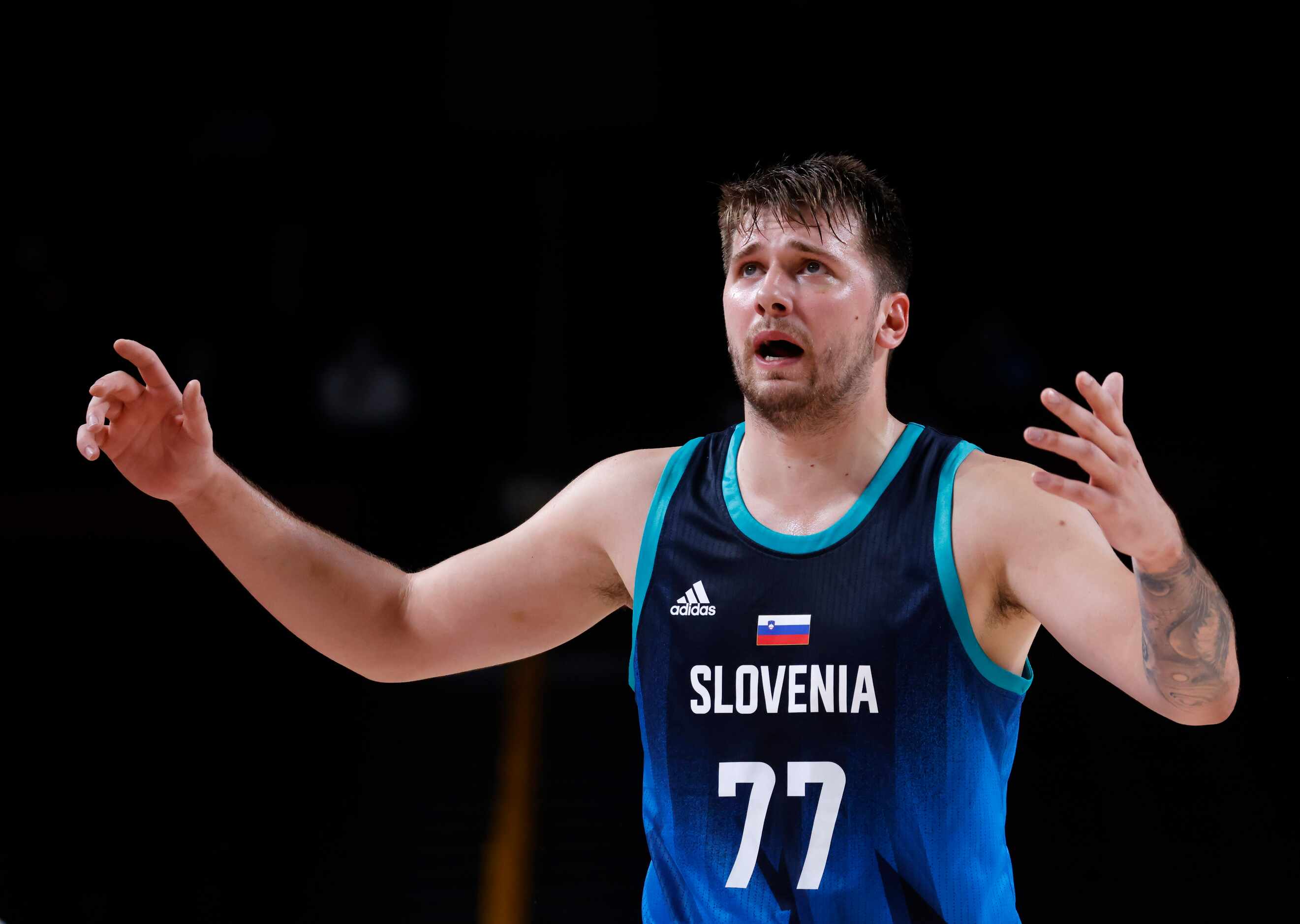 Slovenia’s Luka Doncic reacts to not getting a call on the last play in a game against...