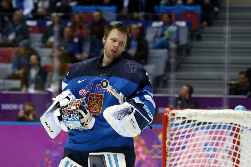 SOCHI, RUSSIA - FEBRUARY 21:  Kari Lehtonen #32 of Finland takes a break during the Men's...