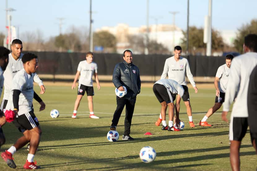In this file photo, FC Dallas coach Oscar Pareja is shown during a training session with his...