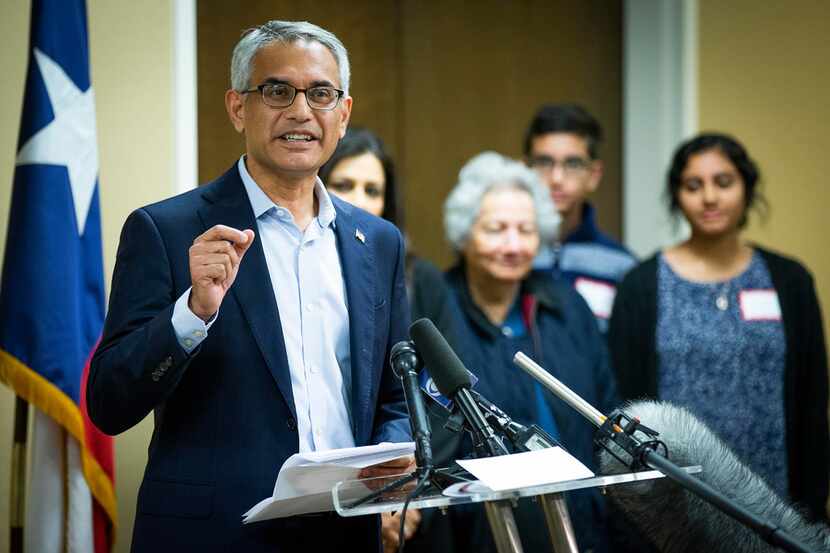 Tarrant County Republican Party vice chair Dr. Shahid Shafi addresses a press conference...